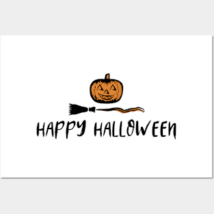 Happy Halloween Pumpkin Head and Broom Posters and Art